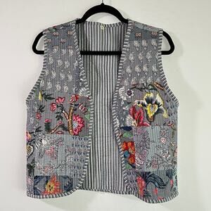 Vintage Floral Tapestry Handmade Quilted Cotton Vest‎ Open Front Kantha Small